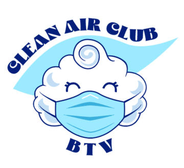 White background that has a dark blue and grey cloud with a swirl on top. The cloud is wearing a blue mask as it's eyes are closed and upturned in a sort of smile. There is a blue asymetric fish like shape behind the cloud. On top has the words Clean Air C